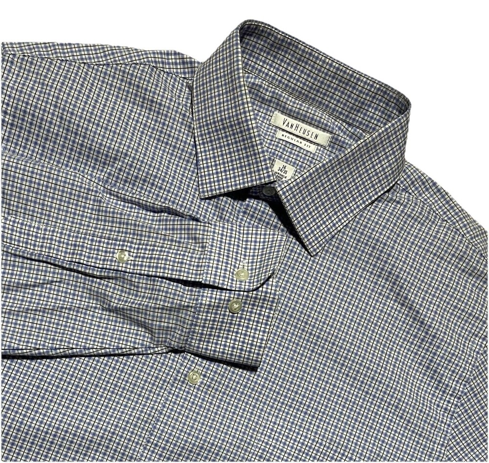 Van Heusen Dress Shirt Men's 16 34/35 Regular Fit Wrinkle Free Check Blue